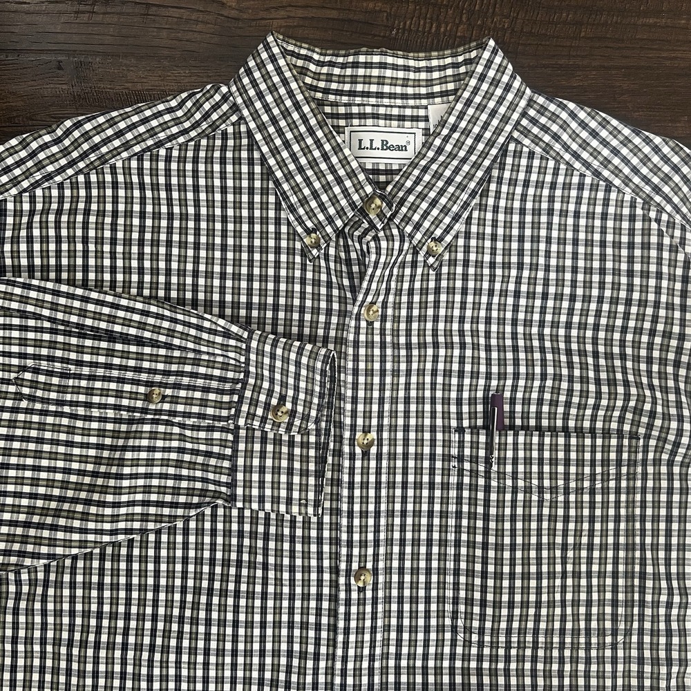 LL Bean Shirt Mens LG Tall Green‎ Checked Button Down VTG LShirt By Sleeve